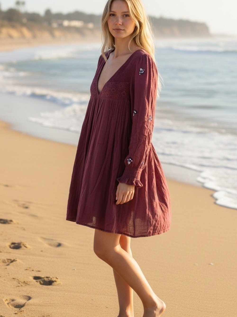 Free People Deep V-Neck Embroidered Mini Dress in Mauve